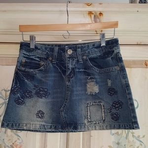 Mini Skirt Jean Denim Embroidered  Distressed